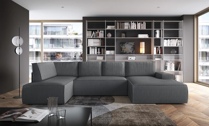 Ecksofa mit Schlaffunktion Farese New U-förmig mit Stauraum, rechtsseitig, grau, Cordstoff