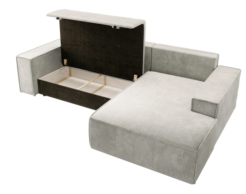 Ecksofa mit Schlafunktion Farese New, L-förmig mit Stauraum, cremefarbener Cord, rechtsseitig