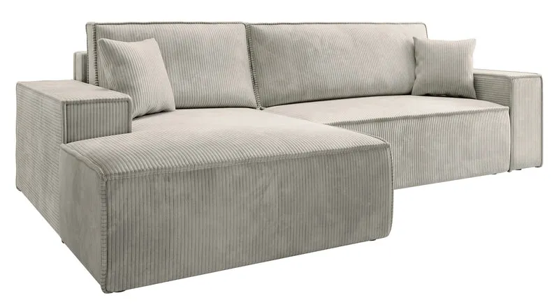 Ecksofa mit Schlafunktion Farese New L-förmig mit Stauraum, cremefarbener Cord, linksseitig