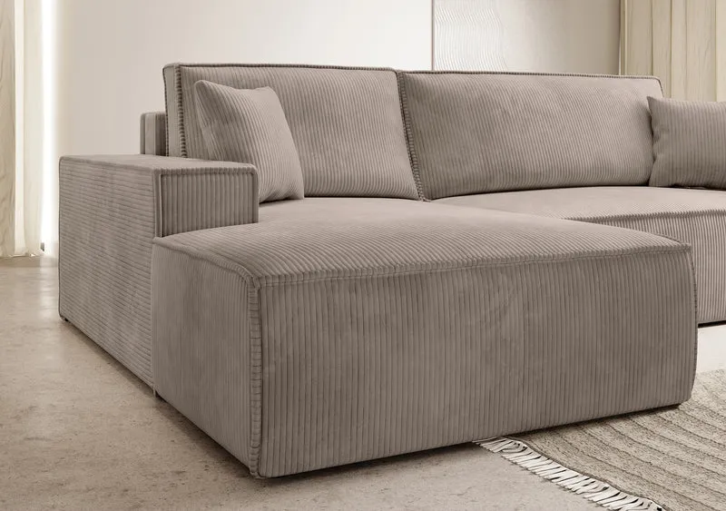 Ecksofa mit Schlaffunktion Farese New L-förmig mit Stauraum, beige Cord, linksseitig