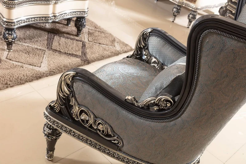 Casa Padrino Luxus Barock Wohnzimmer Set Hellblau / Beige / Schwarz / Gold - 2 Sofas & 2 Sessel & 1 Couchtisch & 2 Beistelltische - Handgefertigte Wohnzimmer Möbel im Barockstil - Edel & Prunkvoll