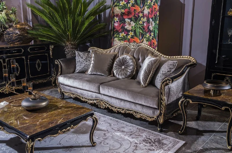 Casa Padrino Luxus Barock Wohnzimmer Set Silber / Schwarz / Gold - 2 Barock Sofas & 2 Barock Sessel & 1 Barock Couchtisch - Wohnzimmer Möbel im Barockstil - Barock Möbel - Barock Einrichtung