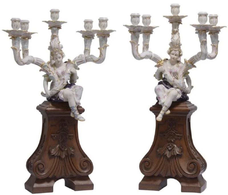 Casa Padrino Jugendstil Kerzenhalter Set Weiß / Braun 35 x 26,6 x H. 68,7 cm - Porzellan Kerzenständer mit Dekofigur und Holzsockel