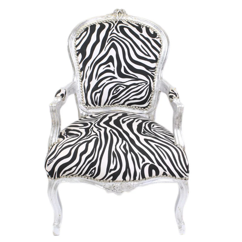 Casa Padrino Barock Salon Stuhl Zebra / Silber mit Armlehnen - Barockmöbel
