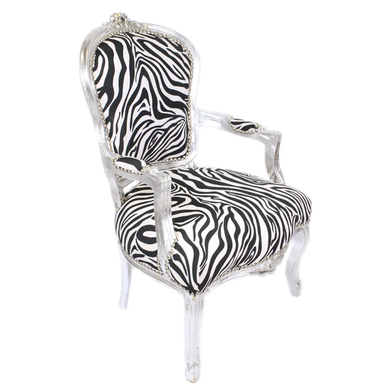 Casa Padrino Barock Salon Stuhl Zebra / Silber mit Armlehnen - Barockmöbel