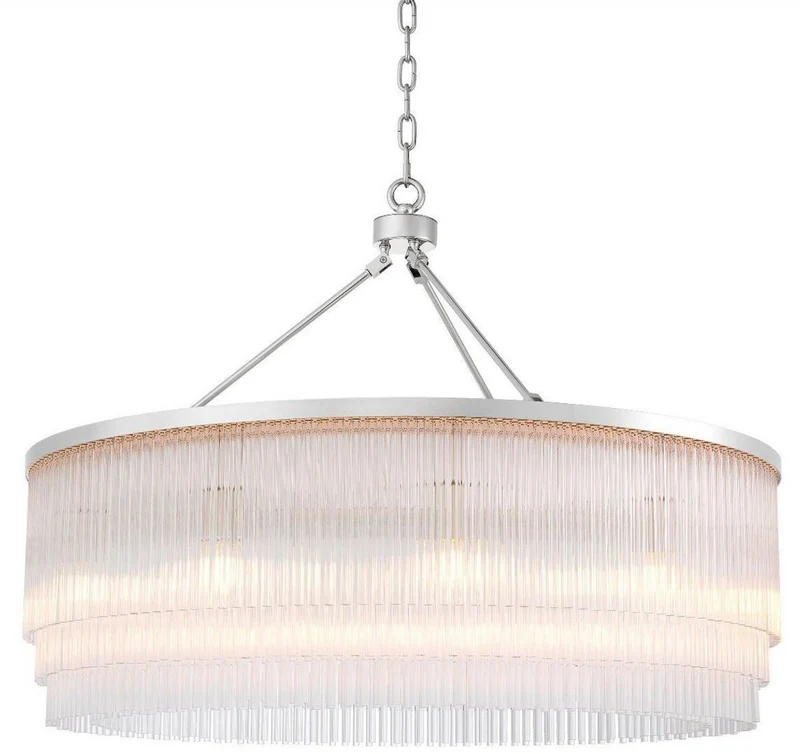 Casa Padrino Luxus Kronleuchter Silber Ø 90 x H. 61 cm - Runder Metall Kronleuchter mit eleganten Glasstäben - Hotel & Restaurant Kronleuchter