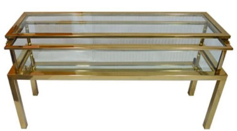 Casa Padrino Luxus Edelstahl Konsole Gold 139 x 40 x H. 72 cm - Rechteckiger Konsolentisch mit Glasplatten - Wohnzimmer Möbel