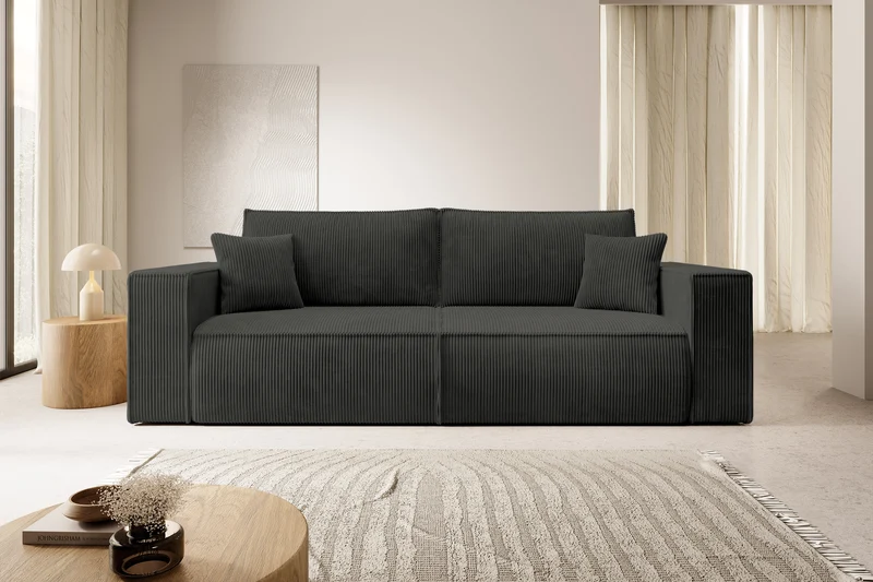Dreisitziges ausklappbares Sofa Farese mit Stauraum, dunkelgrauer Cordstoff