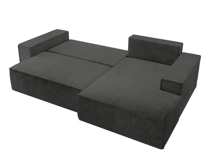 Ecksofa mit Schlafunktion Farese New L-förmig mit Stauraum, dunkelgrauer Cord, rechtsseitig