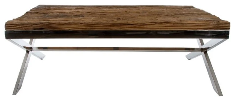 Casa Padrino Luxus Couchtisch Braun / Silber 130 x 80 x H. 45 cm - Wohnzimmertisch mit rustikaler Oberfläche und zusätzlicher Glasplatte