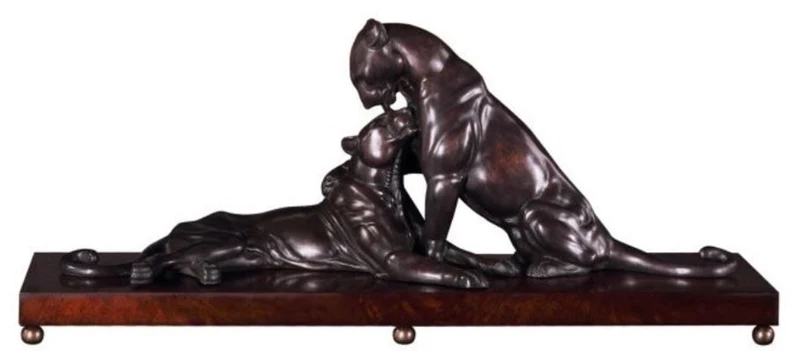 Casa Padrino Luxus Deko Bronzefiguren mit Holzsockel 2 Tiger Bronze / Braun 83 x 23 x H. 34 cm - Luxus Qualität