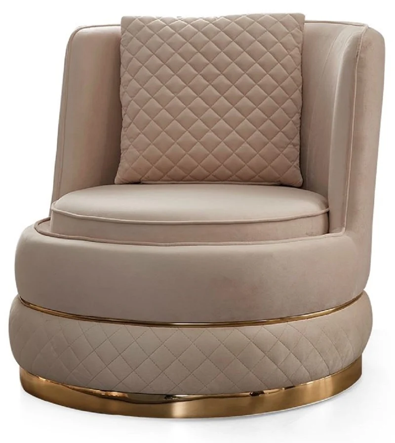 Casa Padrino Luxus Drehsessel Creme / Gold 80 x 85 x H. 81 cm - Wohnzimmer Sessel mit edlem Samtstoff - Wohnzimmer Möbel - Luxus Möbel - Wohnzimmer Einrichtung - Luxus Einrichtung