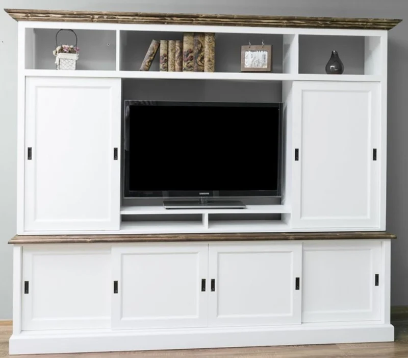 Casa Padrino Landhausstil Fernsehschrank mit 6 Schiebetüren Weiß / Braun 254 x 46 x H. 210 cm - Massivholz TV Schrank - Wohnzimmerschrank - Landhausstil Wohnzimmermöbel