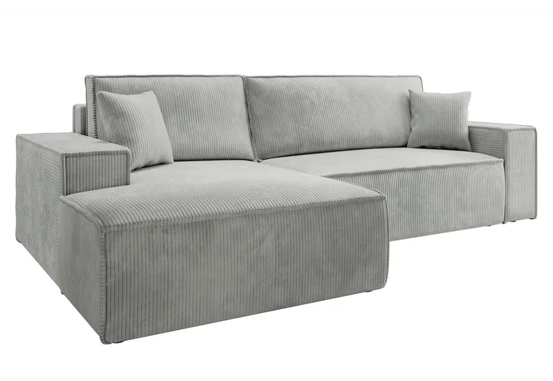 Ecksofa mit Schlafunktion Farese New, L-förmig, mit Stauraum, hellgrauer Cord, linksseitig