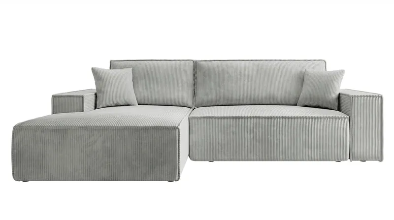 Ecksofa mit Schlafunktion Farese New, L-förmig, mit Stauraum, hellgrauer Cord, linksseitig