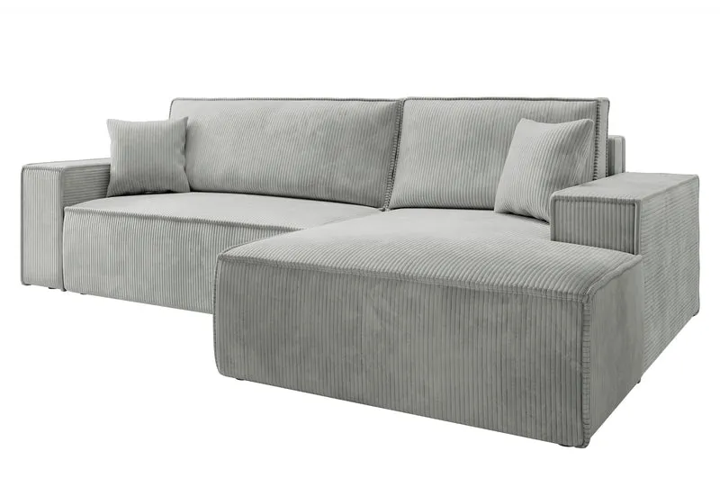Ecksofa mit Schlaffunktion Farese New, L-förmig, mit Stauraum, hellgrauer Cordstoff, rechtsseitig
