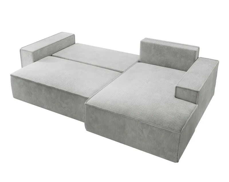 Ecksofa mit Schlaffunktion Farese New, L-förmig, mit Stauraum, hellgrauer Cordstoff, rechtsseitig