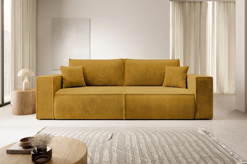 Dreisitziges ausklappbares Sofa Farese mit Stauraum, senfgelber Cord