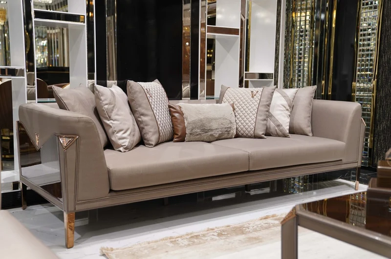 Casa Padrino Luxus Sofa Grau / Dunkelbraun / Kupfer - Wohnzimmer Sofa - Hotel Sofa - Wohnzimmer Möbel - Hotel Möbel - Luxus Möbel - Wohnzimmer Einrichtung - Luxus Einrichtung - Luxus Qualität