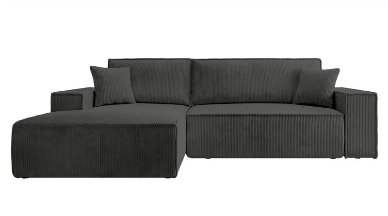 Ecksofa mit Schlaffunktion Farese New L-förmig mit Stauraum, dunkelgrauer Cord, linksseitig
