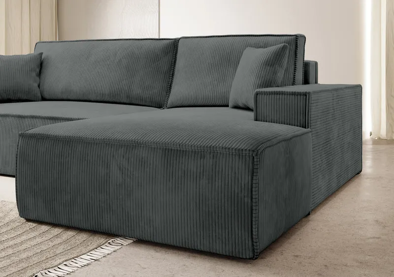 Ecksofa mit Schlaffunktion Farese New L-förmig mit Stauraum, grauer Cordstoff, rechtsseitig
