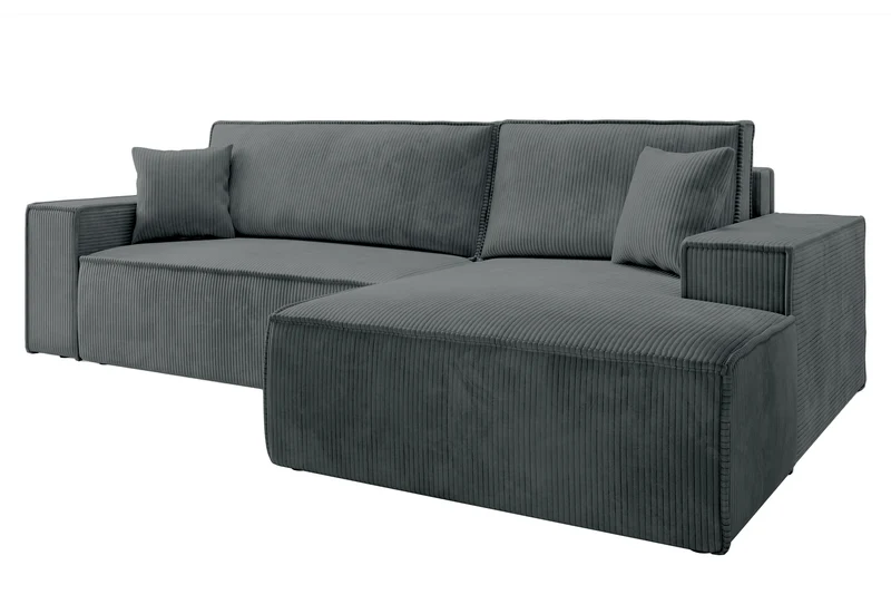 Ecksofa mit Schlaffunktion Farese New L-förmig mit Stauraum, grauer Cordstoff, rechtsseitig