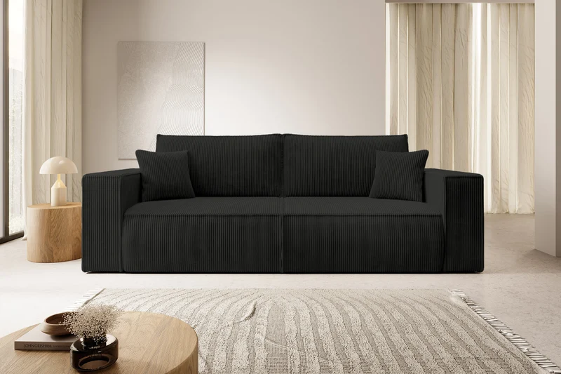Dreisitziges ausziehbares Sofa Farese mit Stauraum, schwarz, Cordstoff