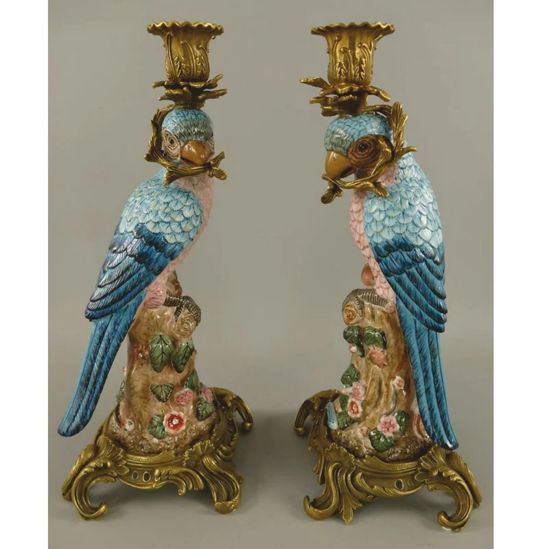 Casa Padrino Barock Porzellan Kerzenhalter Set Vögel Blau / Bunt / Messing H. 37 cm