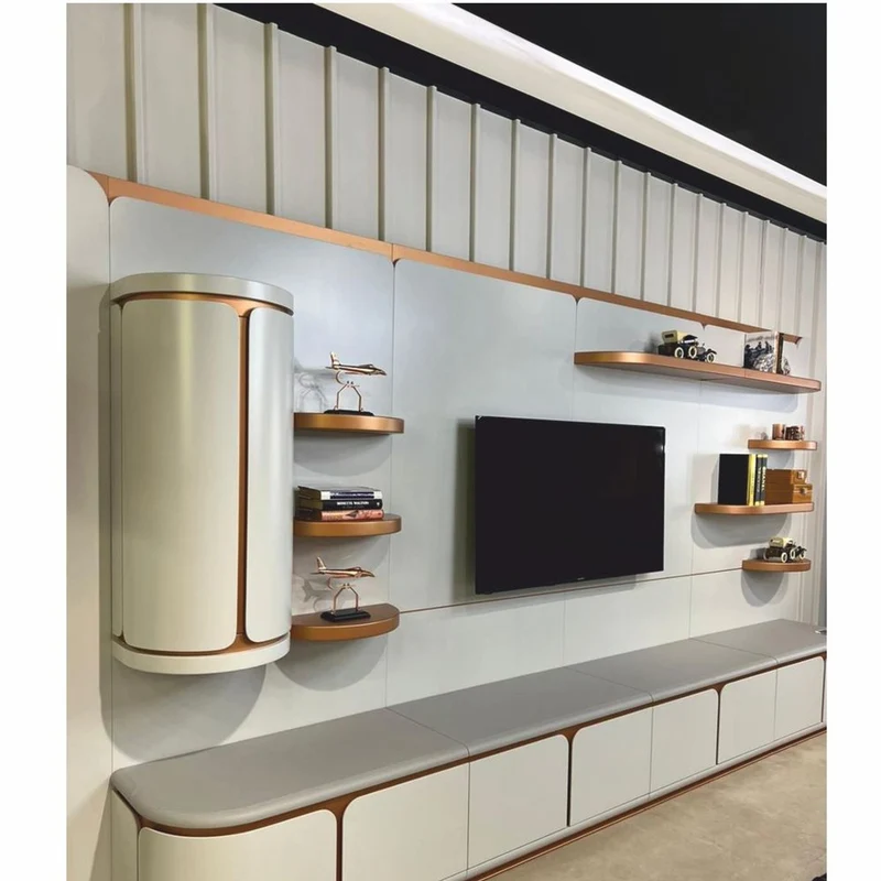 Casa Padrino Luxus TV Schrank Weiß / Grau / Kupfer 430 cm - Wohnzimmer & Hotel Möbel