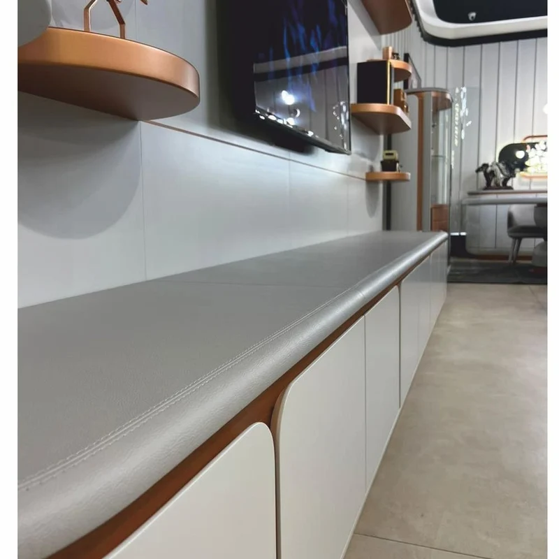 Casa Padrino Luxus TV Schrank Weiß / Grau / Kupfer 430 cm - Wohnzimmer & Hotel Möbel