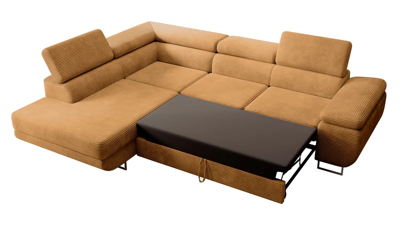 Ecksofa mit Schlafunktion Stevil, L-förmig, mit Stauraum, senfgelber Cordstoff, linksseitig