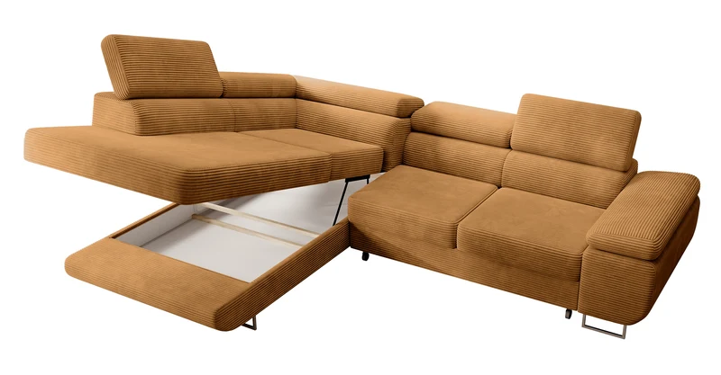 Ecksofa mit Schlafunktion Stevil, L-förmig, mit Stauraum, senfgelber Cordstoff, linksseitig