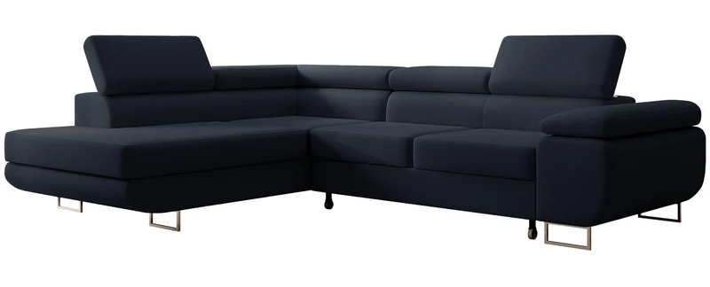 Ecksofa mit Schlaffunktion Stevil, L-förmig, mit Stauraum, marineblauer, leicht zu reinigender Samt, linksseitig