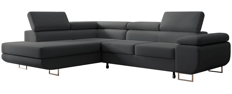 Ecksofa mit Schlafunktion Stevil, L-förmig, mit Stauraum, dunkelgrauer, pflegeleichter Samt, linksseitig