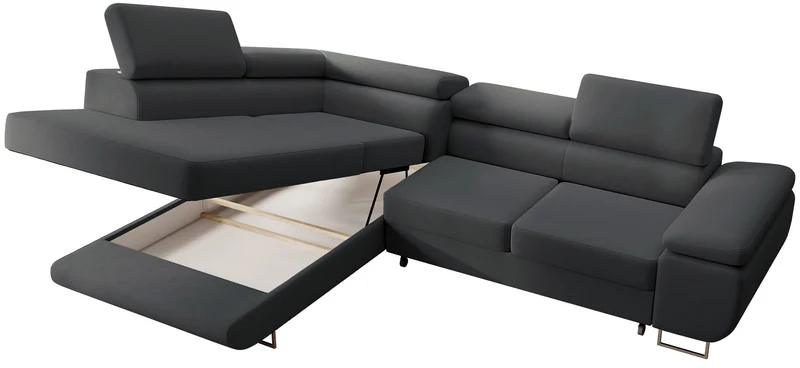 Ecksofa mit Schlafunktion Stevil, L-förmig, mit Stauraum, dunkelgrauer, pflegeleichter Samt, linksseitig