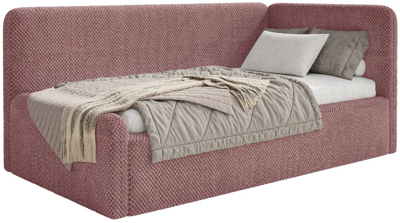 Jugendbett 120x200 cm Fanklo rechtsseitig mit Stauraum und Geländern, rosa Plüsch, wasserabweisend