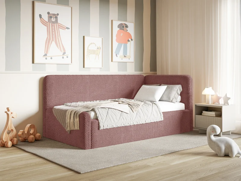 Jugendbett 120x200 cm Fanklo rechtsseitig mit Stauraum und Geländern, rosa Plüsch, wasserabweisend