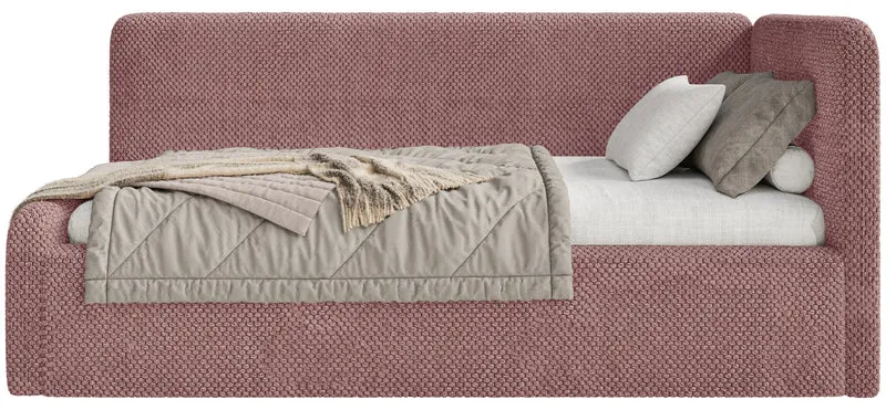 Jugendbett 120x200 cm Fanklo rechtsseitig mit Stauraum und Geländern, rosa Plüsch, wasserabweisend