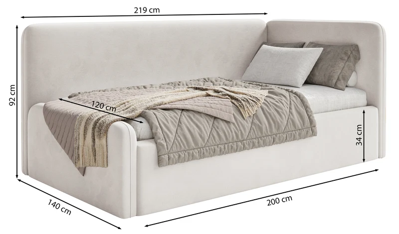 Jugendbett 120x200 cm Fanklo linksseitig mit Stauraum, hellbeige Plüsch, wasserabweisend