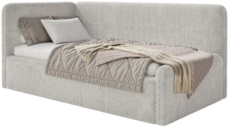 Jugendbett 120x200 cm Fanklo linksseitig mit Stauraum, hellbeige Plüsch, wasserabweisend