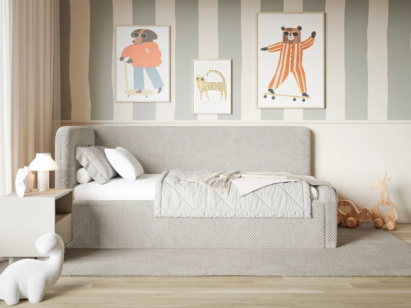 Jugendbett 120x200 cm Fanklo linksseitig mit Stauraum, hellbeige Plüsch, wasserabweisend
