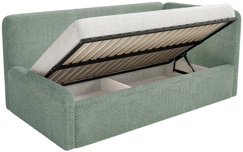 Jugendbett 120x200 cm Fanklo rechtsseitig mit Stauraum und Geländern, salbeigrüner Plüsch, wasserabweisend