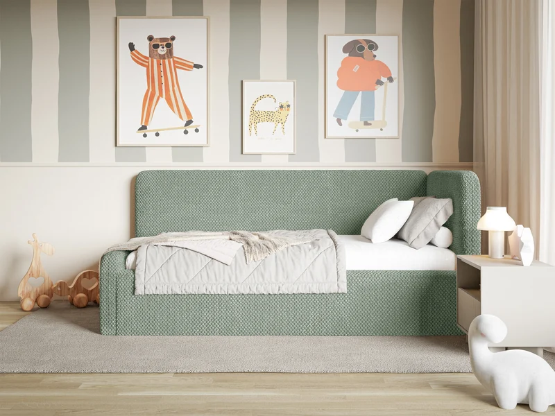 Jugendbett 120x200 cm Fanklo rechtsseitig mit Stauraum und Geländern, salbeigrüner Plüsch, wasserabweisend