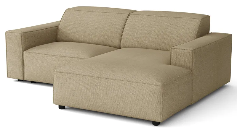 Modulares Ecksofa Sellmo, kleines L-förmiges, rechtsseitiges, dunkelbeiges, hydrophobes Chenille-Gewebe