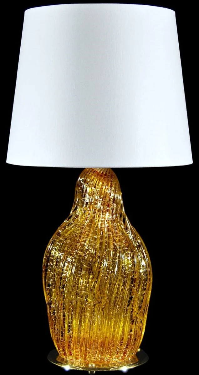 Casa Padrino Luxus Tischleuchte Gelb / Silber / Weiß Ø 20 x H. 40 cm - Glas Schreibtischleuchte mit rundem Lampenschirm - Glas Tischleuchten - Luxus Tischleuchten - Luxus Schreibtischleuchten