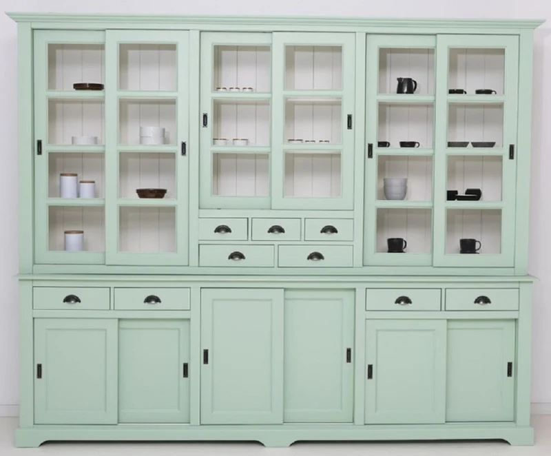 Casa Padrino Landhausstil Esszimmerschrank Mintgrün / Weiß 280 x 55 x H. 225 cm - Massivholz Küchenschrank - Esszimmer Möbel im Landhausstil - Landhausstil Esszimmer Einrichtung