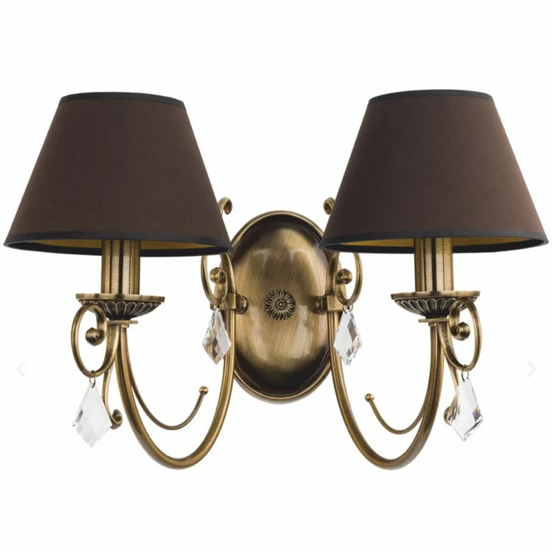 Casa Padrino Luxus Barock Kristall Doppel Wandleuchte Messing mit Patina / Dunkelbraun H. 29 cm