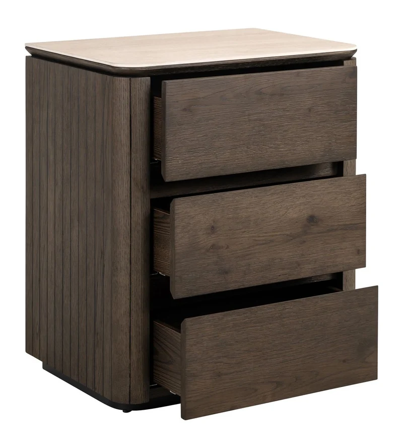 Nachttisch Ritz braun mit Travertin-Top, 3 Schubladen, Softclose