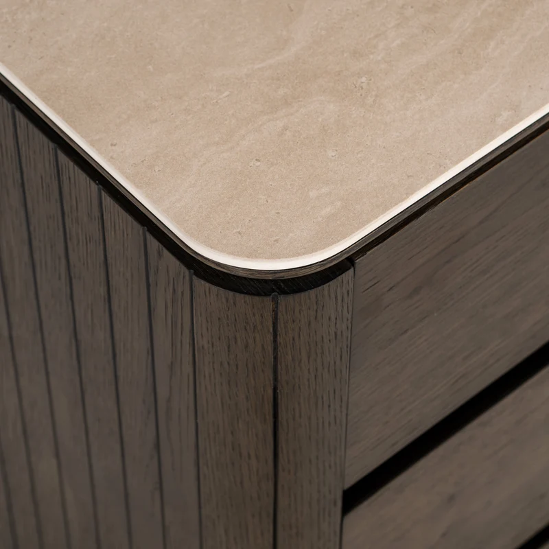 Nachttisch Ritz braun mit Travertin-Top, 3 Schubladen, Softclose