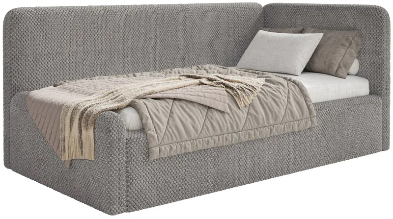 Jugendbett 120x200 cm Fanklo rechtsseitig mit Stauraum und Schutzgittern, grau-brauner Plüsch, wasserabweisend